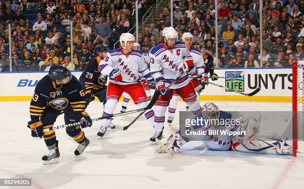 Tyler Ennis of the Buffalo Sabres has his first-period backhand shot stopped by Henrik Lundqvist of the New York Rangers on April 6, 2010 at HSBC...