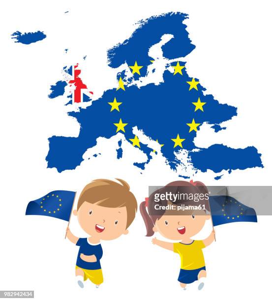kids holding europe flag - brexit map stock illustrations