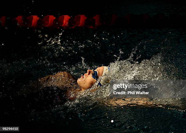 Jessie Blundell competes in the Womens 50m backstroke during day three of the New Zealand Open Swimming Championships at West Wave Aquatic Centre on...