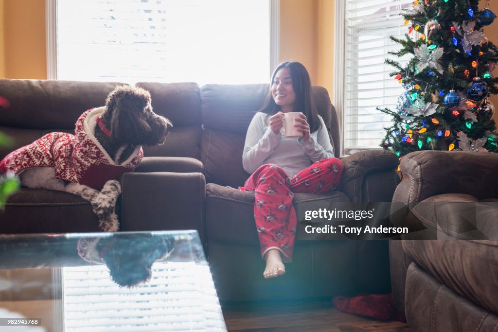 Young woman sitting near Christmas tree with her dog