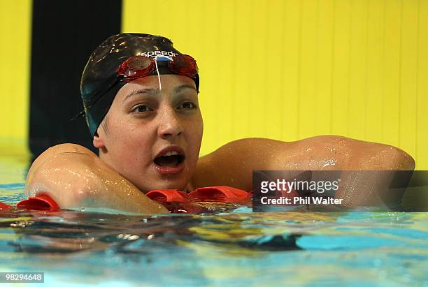 Hayley Palmer rests after finishing her Womens 100m freestyle heat during day three of the New Zealand Open Swimming Championships at West Wave...