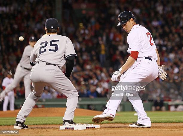 Jacoby Ellsbury of the Boston Red Sox runs back to first as A.J. Burnett of the New York Yankees sends the ball to Mark Teixera on April 6, 2010 at...