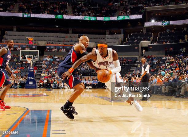 Stephen Jackson of the Charlotte Bobcats drives toward the basket against the Atlanta Hawks on April 6, 2010 at the Time Warner Cable Arena in...