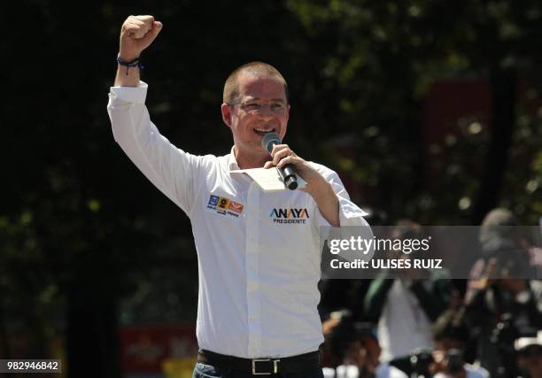 Mexico's presidential candidate Ricardo Anaya, standing for the "Mexico al Frente" coalition of the PAN-PRD-Movimiento Ciudadano parties, delivers a...