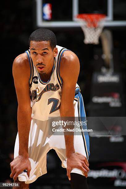 Shaun Livingston of the Washington Wizards pauses during free throws against the Golden State Warriors at the Verizon Center on April 6, 2010 in...