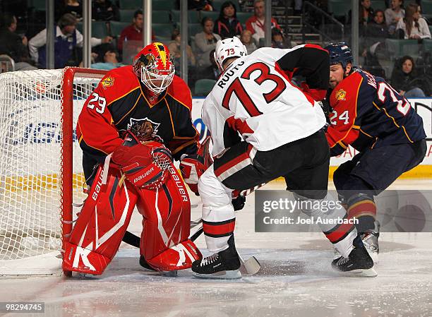 Goaltender Tomas Vokoun of the Florida Panthers stops a shot by Jarkko Ruutu of the Ottawa Senators on April 6, 2010 at the BankAtlantic Center in...