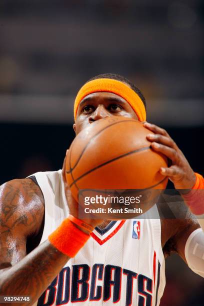 Stephen Jackson of the Charlotte Bobcats shoots a three-pointer against the Atlanta Hawks on April 6, 2010 at the Time Warner Cable Arena in...