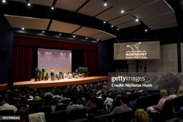 Chris Matthews, Ben Stiller, Noah Baumbach, and Adam Driver speak onstage during 'In Their Shoes' at the 2018 Nantucket Film Festival - Day 5 on June...