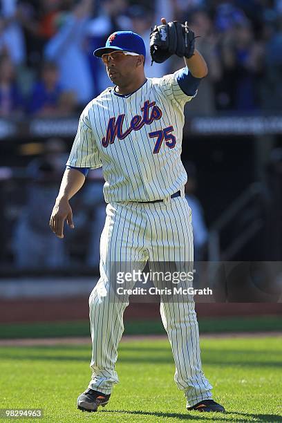 Francisco Rodriguez of the New York Mets signals to the outfield against the Florida Marlins during their Opening Day game at Citi Field on April 5,...