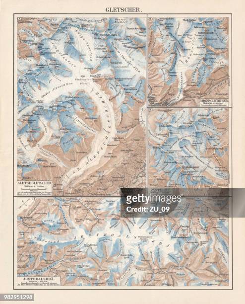 topographic maps european glaciers, lithograph, published in 1897 - osttirol stock illustrations