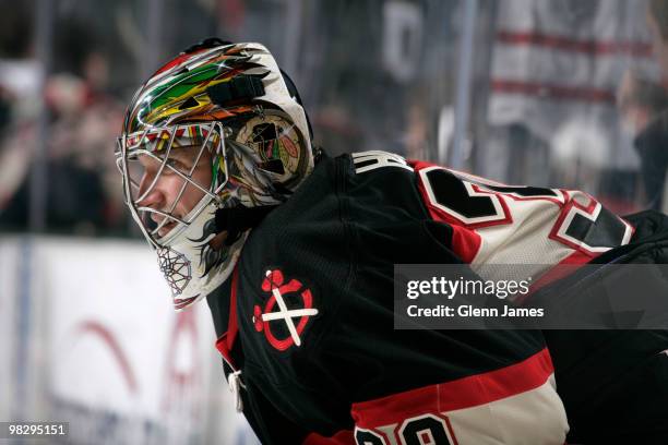 Cristobal Huet of the Chicago Blackhawks tends goal against the Dallas Stars on April 6, 2010 at the American Airlines Center in Dallas, Texas.