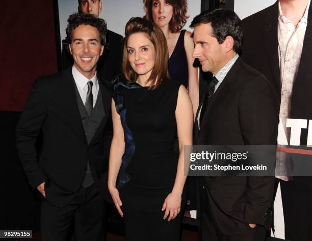 Producer/director Shawn Levy, actress Tina Fey and actor Steve Carell attend the premiere of "Date Night" at Ziegfeld Theatre on April 6, 2010 in New...