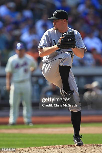 Josh Johnson of the Florida Marlins pitches against the New York Mets during their Opening Day game at Citi Field on April 5, 2010 in the Flushing...