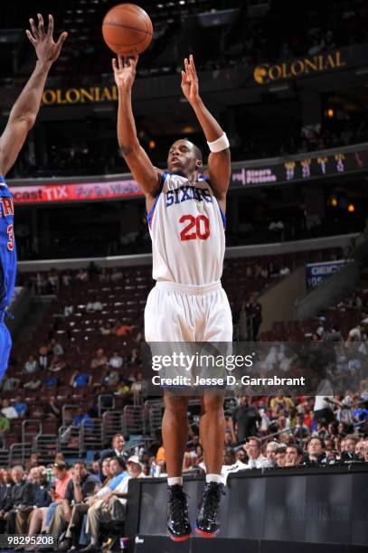 Jodie Meeks of the Philadelphia 76ers shoots against the Detroit Pistons during the game on April 6, 2010 at the Wachovia Center in Philadelphia,...