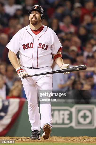 Kevin Youkilis of the Boston Red Sox reacts after striking out against the New York Yankees on April 6, 2010 at Fenway Park in Boston, Massachusetts.