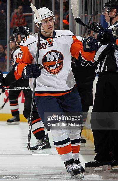 Sean Bergenheim of the New York Islanders skates against the Philadelphia Flyers on April 1, 2010 at Nassau Coliseum in Uniondale, New York. The...