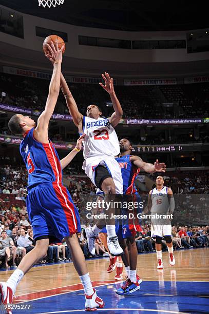 Lou Williams of the Philadelphia 76ers shoots against Austin Daye of the Detroit Pistons during the game on April 6, 2010 at the Wachovia Center in...