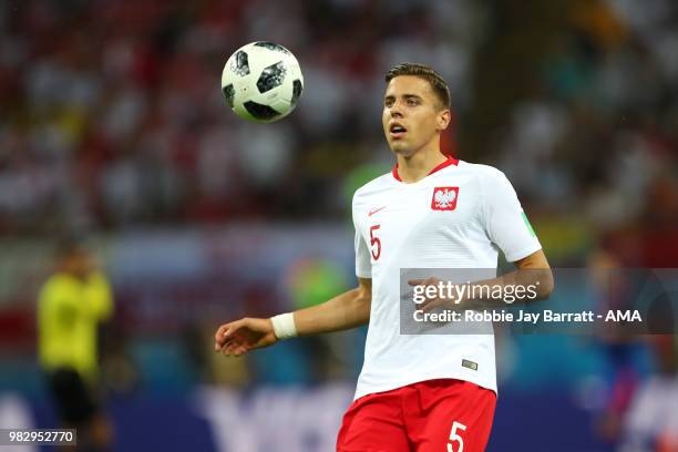 Jan Bednarek of Poland in action during the 2018 FIFA World Cup Russia group H match between Poland and Colombia at Kazan Arena on June 24, 2018 in...