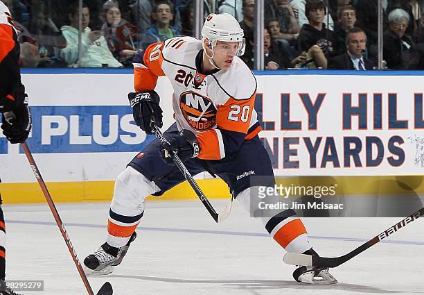 Sean Bergenheim of the New York Islanders skates against the Philadelphia Flyers on April 1, 2010 at Nassau Coliseum in Uniondale, New York. The...