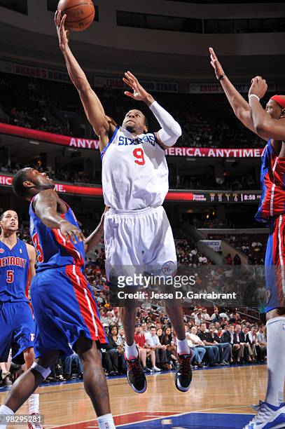 Andre Iguodala of the Philadelphia 76ers shoots against the Detroit Pistons during the game on April 6, 2010 at the Wachovia Center in Philadelphia,...