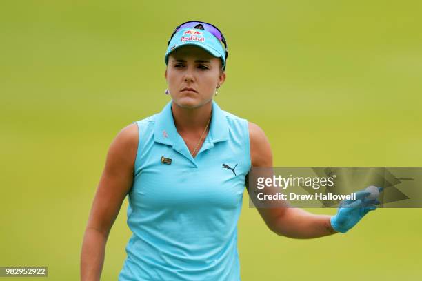 Lexi Thompson waves her ball on the fourth hole during the final round of the Walmart NW Arkansas Championship Presented by P&G at Pinnacle Country...