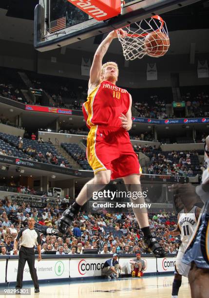 Chase Budinger of the Houston Rockets dunks in a game against the Memphis Grizzlies on April 06, 2010 at FedExForum in Memphis, Tennessee. NOTE TO...