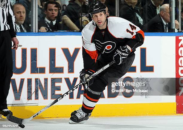 Ian Laperriere of the Philadelphia Flyers skates against the New York Islanders on April 1, 2010 at Nassau Coliseum in Uniondale, New York. The Isles...
