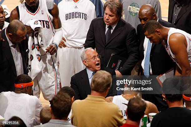 Larry Brown yells out to the Charlotte Bobcats in the game against the Atlanta Hawks on April 6, 2010 at the Time Warner Cable Arena in Charlotte,...