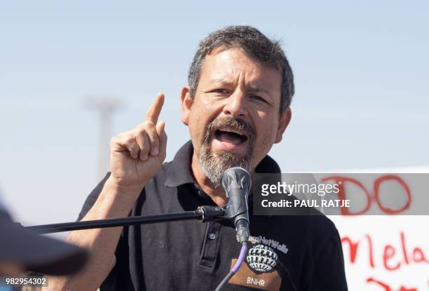 Border Network for Human Rights executive director Fernando Garcia speaks during the "End Family Detention," event held at the Tornillo Port of Entry...
