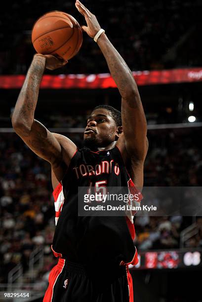 Amir Johnson of the Toronto Raptors shoots the ball against the Cleveland Cavaliers on April 6, 2010 at The Quicken Loans Arena in Cleveland, Ohio....