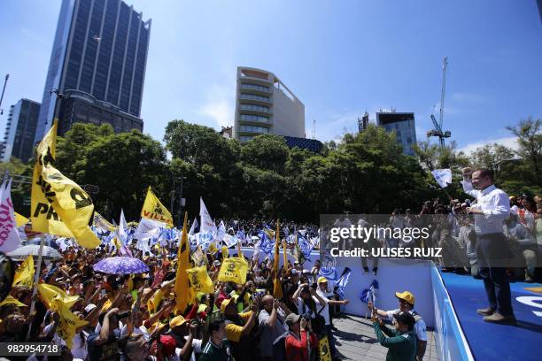 Mexico's presidential candidate Ricardo Anaya, standing for the "Mexico al Frente" coalition of the PAN-PRD-Movimiento Ciudadano parties, delivers a...