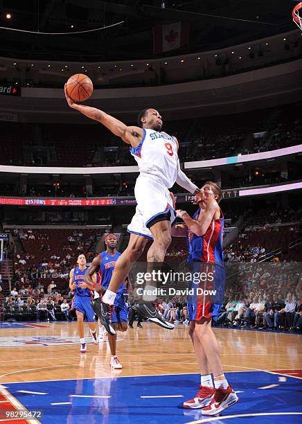 Andre Iguodala of the Philadelphia 76ers shoots against Jonas Jerebko the Detroit Pistons during the game on April 6, 2010 at the Wachovia Center in...