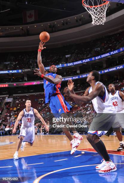 Ben Wallace of the Detroit Pistons shoots against Samuel Dalembert of the Philadelphia 76ers during the game on April 6, 2010 at the Wachovia Center...