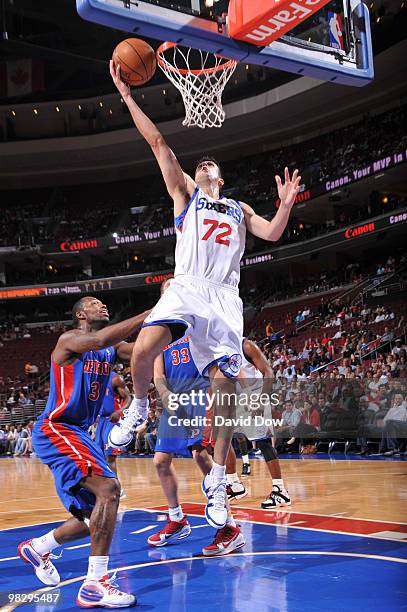 Jason Kapono of the Philadelphia 76ers shoots against Rodney Stuckey of the Detroit Pistons during the game on April 6, 2010 at the Wachovia Center...