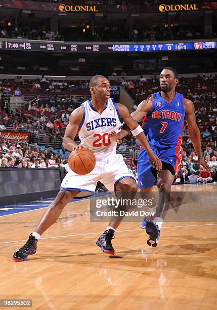 Jodie Meeks of the Philadelphia 76ers drives the ball against Ben Gordon of the Detroit Pistons during the game on April 6, 2010 at the Wachovia...