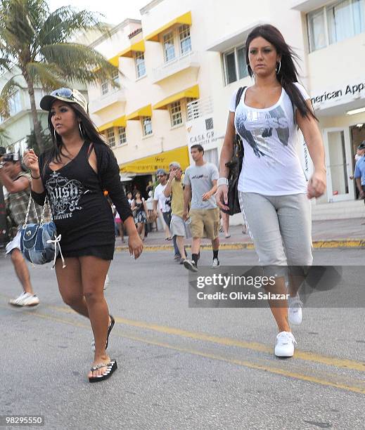 Nicole 'Snooki' Polizzi and Jenni 'JWoww' Farley is sighted on South Beach on April 6, 2010 in Miami Beach, Florida.