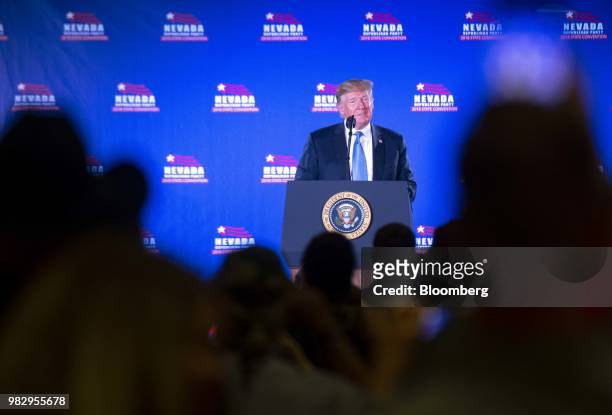 President Donald Trump delivers a keynote address during the Nevada Republican Party Convention at the Suncoast Hotel and Casino in Las Vegas,...