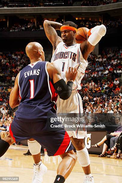 Maurice Evans of the Atlanta Hawks guards against Stephen Jackson of the Charlotte Bobcats on April 6, 2010 at the Time Warner Cable Arena in...