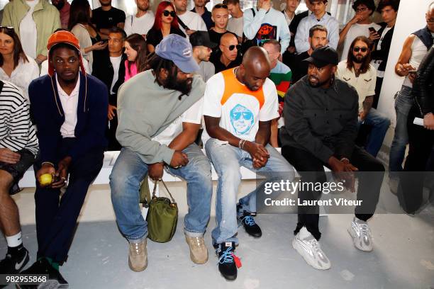 Virgil Abloh, Kanye West and guest attend the 1017 ALYX 9SM Menswear Spring/Summer 2019 show as part of Paris Fashion Week on June 24, 2018 in Paris,...