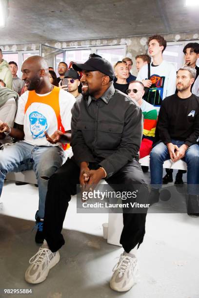 Virgil Abloh, Kanye West and guest attend the 1017 ALYX 9SM Menswear Spring/Summer 2019 show as part of Paris Fashion Week on June 24, 2018 in Paris,...