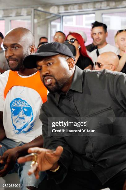 Virgil Abloh, Kanye West and guest attend the 1017 ALYX 9SM Menswear Spring/Summer 2019 show as part of Paris Fashion Week on June 24, 2018 in Paris,...