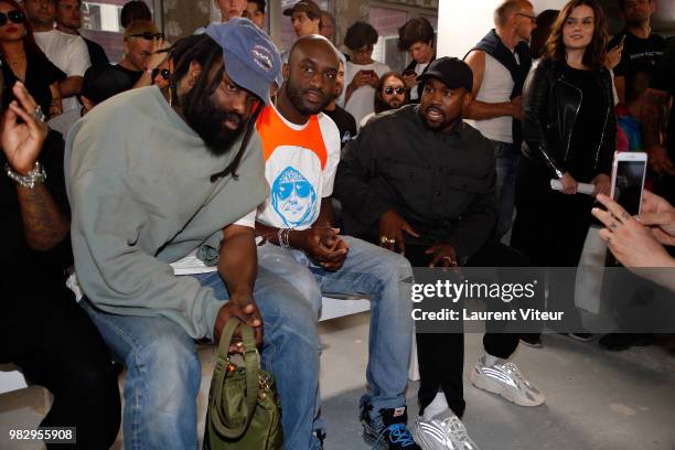 Virgil Abloh, Kanye West and guest attend the 1017 ALYX 9SM Menswear Spring/Summer 2019 show as part of Paris Fashion Week on June 24, 2018 in Paris,...