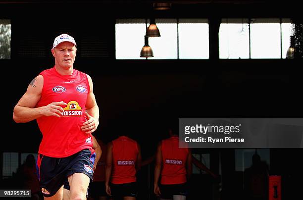 Barry Hall of the Bulldogs runs out onto the ground during a Western Bulldogs AFL training session at the Whitten Oval on April 7, 2010 in Melbourne,...