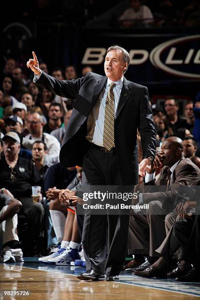 Coach Mike D'Antoni of the New York Knicks directs his team against the Boston Celtics during a game on April 6, 2010 at Madison Square Garden in New...