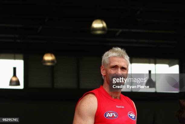 Jason Akermanis of the Bulldogs looks on during a Western Bulldogs AFL training session at the Whitten Oval on April 7, 2010 in Melbourne, Australia.
