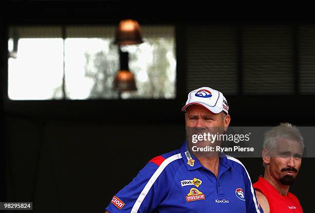 Rodney Eade, coach of the Bulldogs,and Jason Akermanis of the Bulldogs look on during a Western Bulldogs AFL training session at the Whitten Oval on...