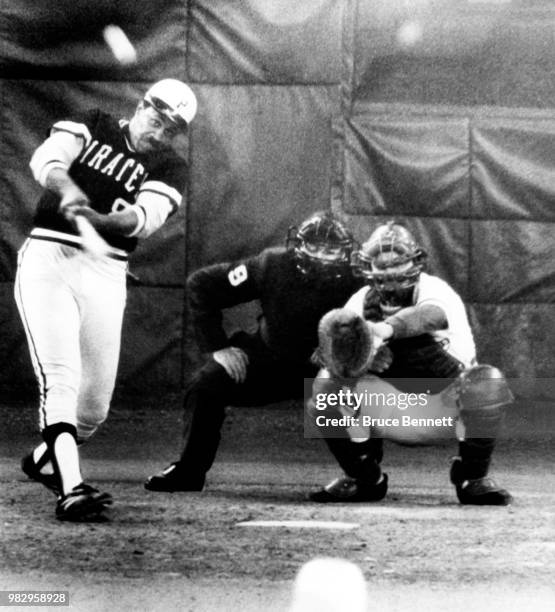 Willie Stargell of the Pittsburgh Pirates hit a homerun during Game 1 of the National League Championship Series against the Cincinnati Reds on...