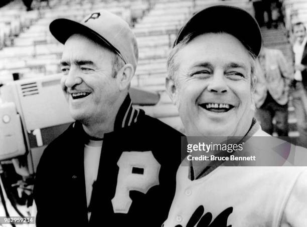 Manager Danny Murtaugh of the Pittsburgh Pirates poses with manager Earl Weaver of the Baltimore Orioles prior to Game 1 of the 1971 World Series on...