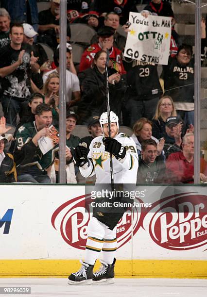 Steve Ott of the Dallas Stars celebrates his 20th goal of the season against the Chicago Blackhawks on April 6, 2010 at the American Airlines Center...