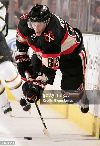 Tomas Kopecky of the Chicago Blackhawks leaves his skates as he makes a play on the puck against the Dallas Stars on April 6, 2010 at the American...